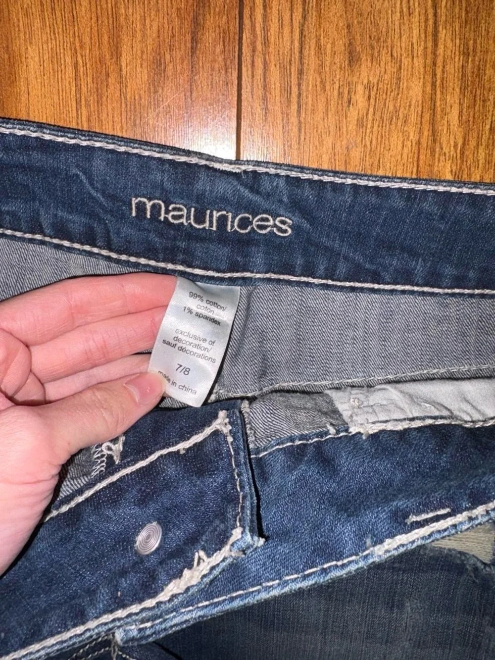blue denim Y2K shorts with white stitching